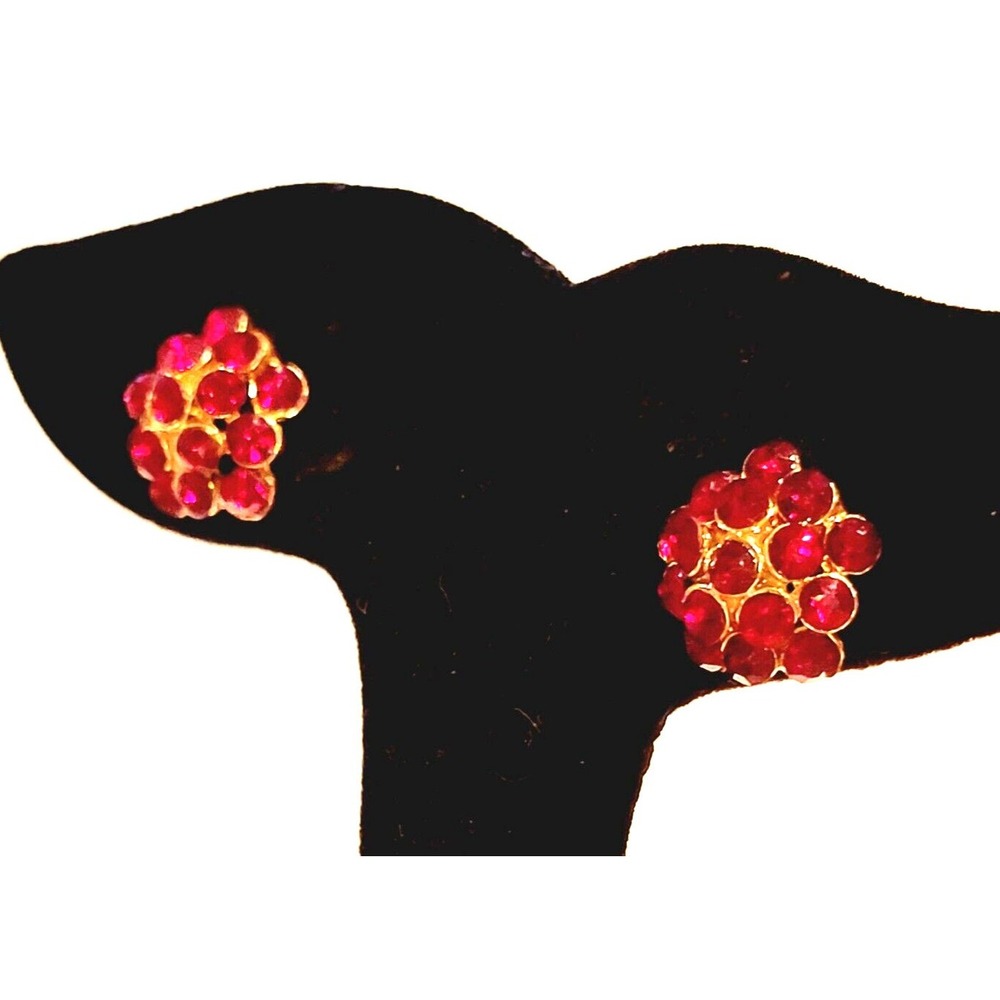 Vintage Ruby Red Glass Pierced Earrings, Small Sparkly Clusters Retro rp-46